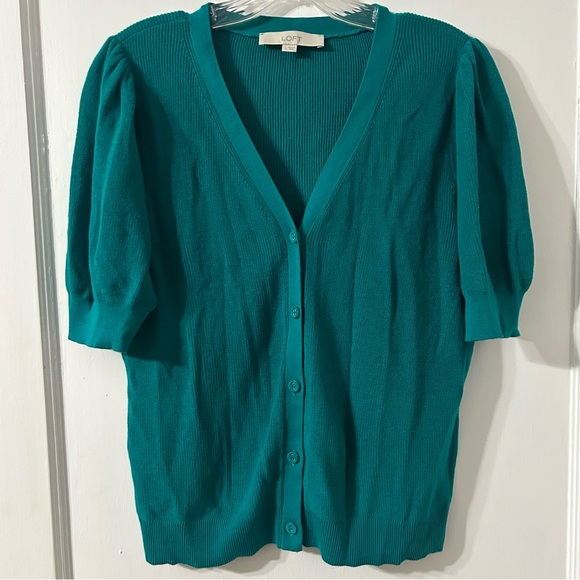 LOFT Teal Green Ribbed Button Down Style Cardigan Sweater Large - Picture 1 of 11